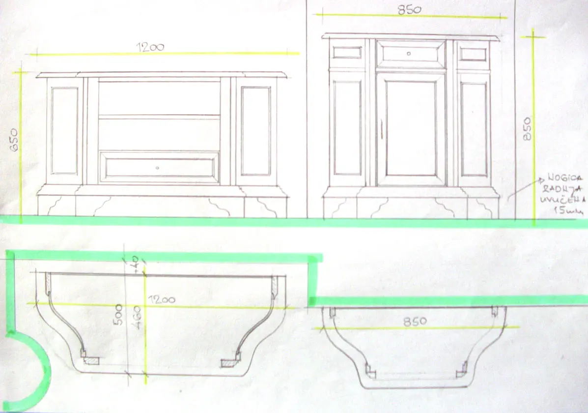 Rukom crtana radionička skica sa merama — vitrina i komoda.